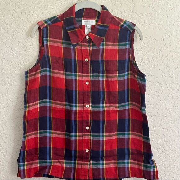 Jones New York Red Blue Plaid Linen Sleeveless Collar Button Shirt SIZE 8 - Picture 6 of 7